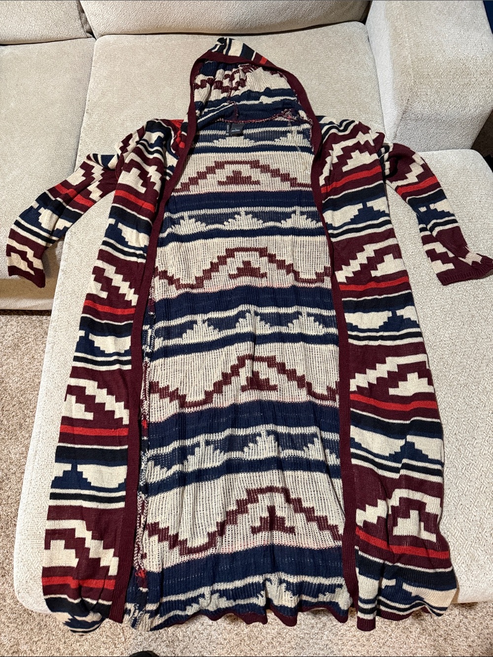 new directions Hooded Aztec Long Cardigan in Burgundy, Navy, Cream